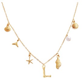 Initial Charms Necklace for Womens Shell Letter Necklace Gold Charms Seashell Starfish Choker Necklace Cute Fishtail Conch Pearl Sun Trendy Boho Summer ocean Beach Jewelry (Letter L Necklace)