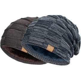 Vgogfly Slouchy Beanie for Men Winter Hats for Guys Cool Beanies Mens Lined Knit Warm Thick Skully Stocking Binie Hat Navy/Coffee