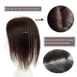 FQNing Remy Human Hair Topper, Full Hand Tied, Straight, Natural Black, 12 Inch (12 Inch, Natural Black)