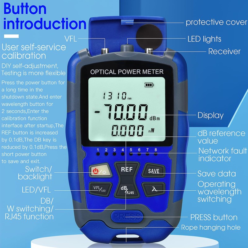 Portable Optical Power Meter A-M70 Fiber Optic Tester 10-Wavelength with