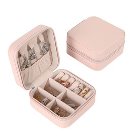 JIADEXIN Small Jewellery Box 1 Piece Women's Travel Jewellery Box Storage Box Mini Jewellery Box for Earrings Rings Necklaces Portable PU Leather with Zip Pink