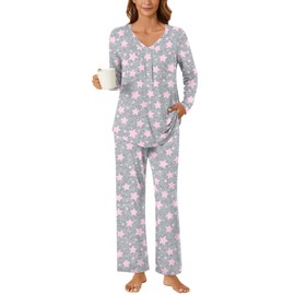 Bestbee Womens Pajama Set Plus Size, 2 Piece Lounge Outfits V Neck Y2K Sleep Set Long Sleeve With Pockets Ladies Pjs Set, 2XL, Star Grey