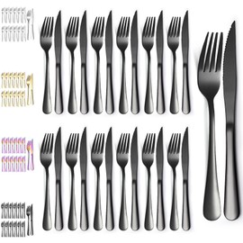 Evanda 24 Piece Black Titanium Plating Stainless Steel Steak Knives and Dinner Forks Set, 12 Steak Knives, 12 Dinner Forks, Dishwasher Safe