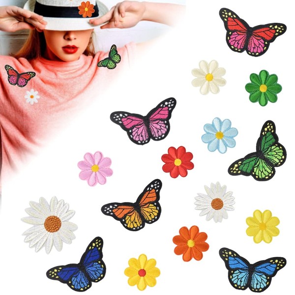 THATSRAD Iron-On Patches Butterfly Iron-On Patches Flowers Iron-On Patches Embroidered Iron-On Patches Butterfly Applique for Ironing Clothing Pack of 16