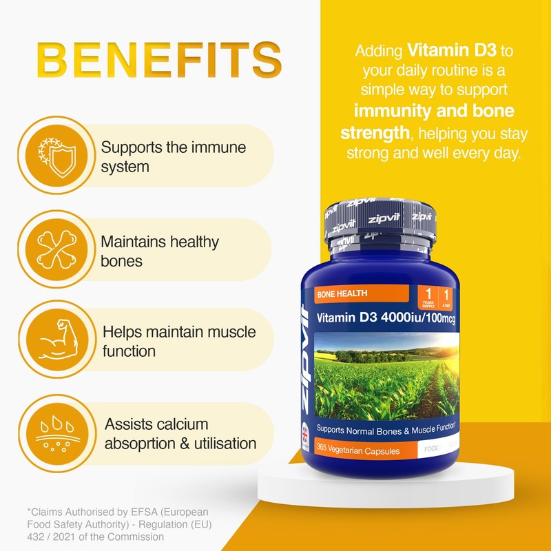 Zipvit Vitamin D3 4000IU Softgels, High Strength Vitamin D Supplement,