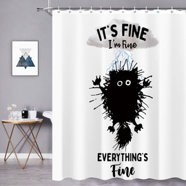 oolygoo Funny Black Cat Shower Curtain 72"X72" Black White Fun Shower Curtain Set for Bathroom Everything is Fine Lightning Animal Waterproof Bathtub Curtain Decor Bathroom Curtain with 12 Hooks