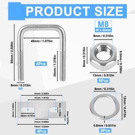 4 Stück Bügelschraube, Bügelbolzen M8 mit Muttern, Rahmenplatte und Unterlegscheiben, Edelstahl U Schrauben, U Bügel mit Gewinde für Zaunpfosten, Rohr Befestigung