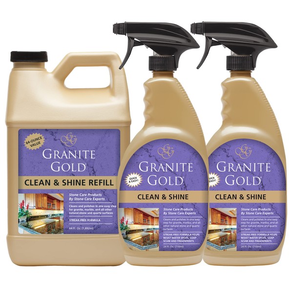 Granite Gold Clean and Shine Spray for Granite, Marble & Other Natural Stone & Quartz Surfaces, 1 x 64 Fl. Oz. & 2 x 24 Fl. Oz., 3-Pack