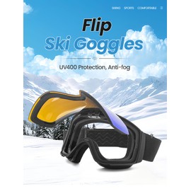 YondestStars Flip Up Ski Goggles, OTG Snow Goggle, Clamshell Anti Fog UV Protection Interchangeable Lens, Snowboard Goggles for Adult Men Women Youth - Blue Lens(VLT 19%)