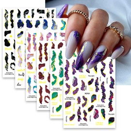 6 Sheets Colorful Marble Nail Stickers 3D Self Adhesive Marble Wave Nail Decals for Nail Art, Black Green Purple Blue Gold Stripe Nails Designs Nail Accessories for Women Girls Nail Art Supplies