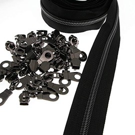 #5 Black Nickel Zippers by The Yard Bulk Metallic Nylon Coil Zipper Tape 10 Yards with 25Pcs Gunmetal Zipper Pulls for DIY Sewing Crafts Replacement Bags SHUNLI