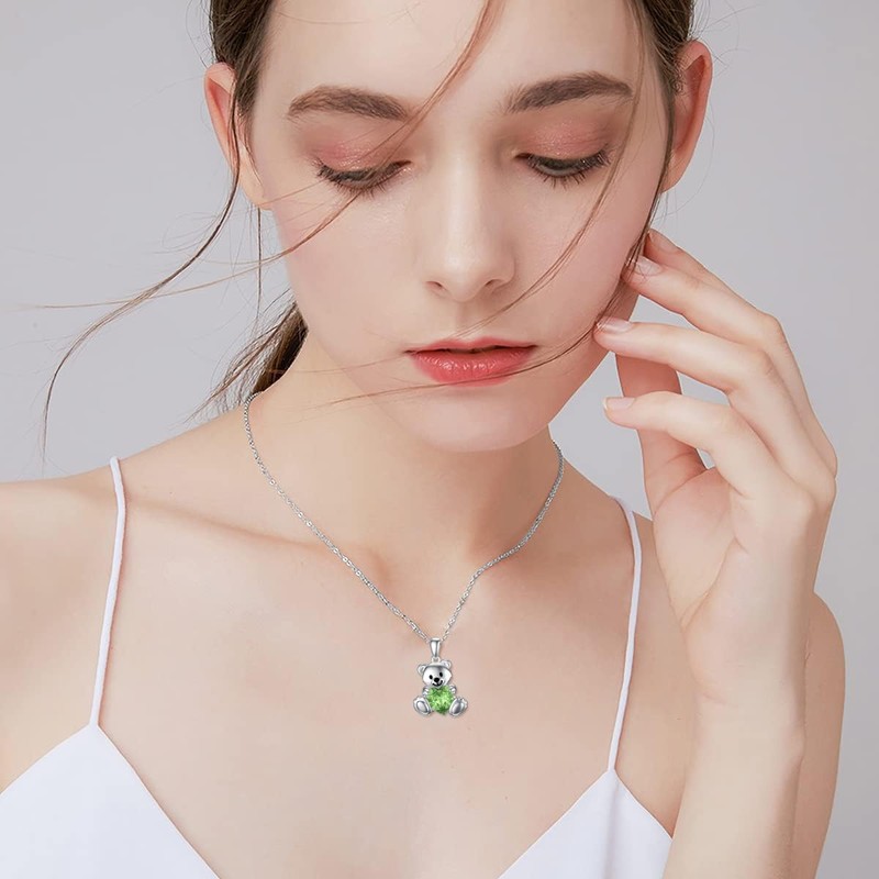 PELOVNY Teddy Bear Green Crystal Necklace for Women 925 Sterling
