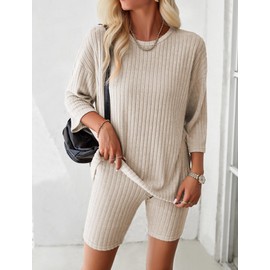 EFOGEP Womens Pyjamas Set 2PCS: Ladies Lounge Wear Ribbed Knit Round Neck Pullover Top T-shirt and Biker Shorts Loungewear Pjs Tracksuit Nightwear Sleepwear Homewear Cozy Leisure Suits Apricot XL