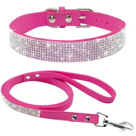 Haoyueer Cute Dazzling Sparkling Elegant Fancy Soft Suede Leather Bling Rhinestone Crystal Jeweled Pet Cat Dog Puppy Collar Dog Leash Combo Set(Hot Pink,M fit Neck 32-38 cm)