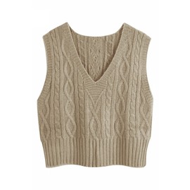 Aoysky Sweater Vest Women's V-Neck Sweater Tank Tops Pullover Cable Knit Vest Solid Color Sleeveless Loose Fit Sweater Top Khaki