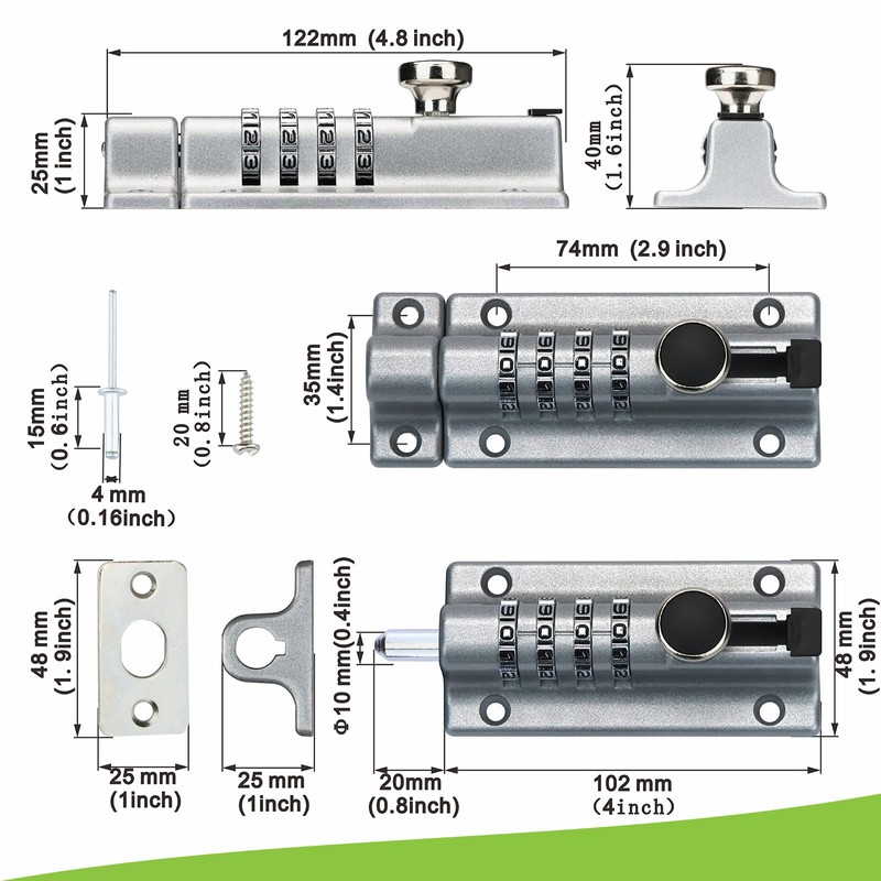 KEZZON Heavy Duty 4-Digit Combination Locking Bolt - Reinforced Zinc