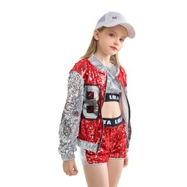 LOLANTA 4-Piece Girls Hip Hop Sequins Costume, Sparkly Graphic Jacket, Shiny Crop Tank Top, Metallic Shorts, Blue/Red/Pink/Gold 4-15 Years, Red, 6-7 Years