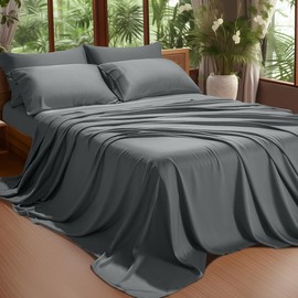 Shilucheng 6-Piece Sheets Set，Rayon Derived from 100% Bamboo_，Cooling & Soft Bed Sheets, Luxury Bedding Sheets & Pillowcases, 16 Inch Deep Pockets (Queen,Dark Grey)