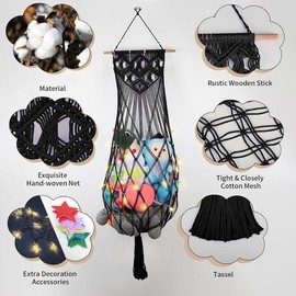 Stuffed Animal Storage Hammock, 63'' Jumbo Boho Macrame Tassels Corner Toy Holder Wall Hanging Net Organizer - Color: black