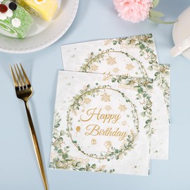 60 Stück Happy Birthday Servietten, Servietten Geburtstag Eukalyptus, Tischdeko Geburtstag, Servietten Eukalyptus Grün für Party Geburtstags Hochzeit