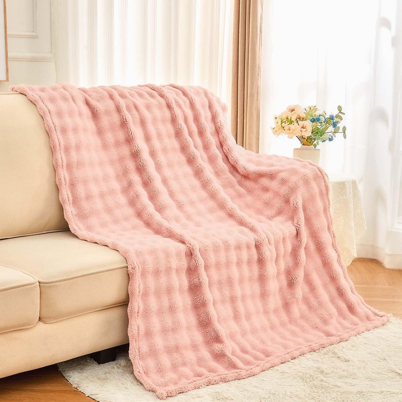 Wajade Fluffy Flannel Blanket Pink Bubble Faux Fur Bed Throw