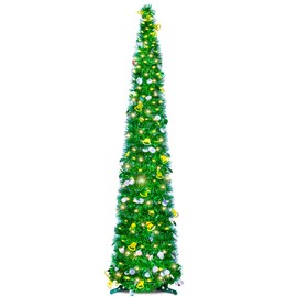 Pop Up Christmas Tree with Lights, 5Ft Collapsible Tinsel Pencil Xmas Tree for Home Office Fireplace Holiday Party Indoor Decorations (Green)