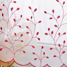 Delien Voile 1 Piece Net Curtains, Short Curtains, Embroidery, Bistro Curtain, Grünland, Transparent Short Curtain with Grass Pattern, Leaf Pattern for Kitchen, W x H 90 x 45 cm, Red