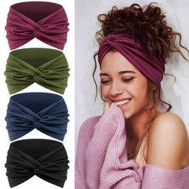 Tumurup 4 Pieces Women's Thin Headband Women's Sports - Wide Elastic Soft Hair Bands for Yoga, Fitness & Cosmetics - Headband Hair Accessories Summer (Black, Purple, Green, Blue)