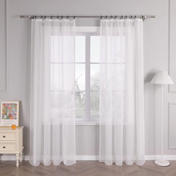 HongYa Pack of 1 Plain Curtain Transparent Voile Curtain with Ruffle Tape H/W 245/145 cm White