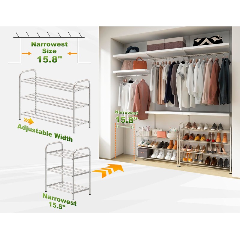 SKIKEN 3-Tier Stainless Steel Shoe Rack - 4-Rod Extendable &
