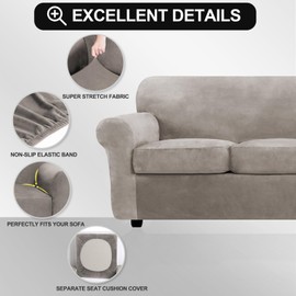 FestiCorp Velvet Sofa Cover, Couch Covers for 3 Cushion Couch Sofa Slipcovers for Sofas with 3 Cushions, Stretch 4 Piece Couch Cover, Thick Furniture Covers for Dogs Pets, Oversized Sofa, Taupe