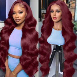 LUCLUEME 32 Inch 99j Burgundy Lace Front Wigs Human Hair 13x6 HD Burgundy Wig Human Hair 200 Density Body Wave Frontal Wig Colored Wine Red Wigs Human Hair