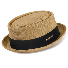 KorhLeoh Summer Pork Pie Straw Hat 1920s Bowler Flat Top Fedora Hat Costume Party Cap for Men Women Unisex, khaki square ribbon