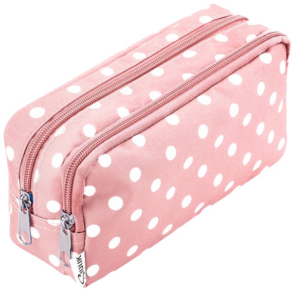 SIQUK Pencil Case Large Capacity Pen Case Double Zippers Pen Bag Office Stationery Bag Cosmetic Bag with Compartments for Gilrs Boys and Adults, Pink with White Dot