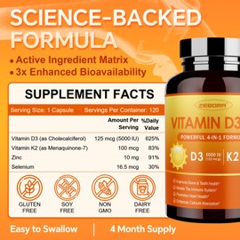ZEBORA Vitamin D3 K2-5000 IU (125 mcg) Vitamin D & K2 (MK-7) 100 mcg with Zinc & Selenium - Maximum Absorption for Bone, Teeth, Heart & Immune Support - Gluten-Free, 120 Capsules