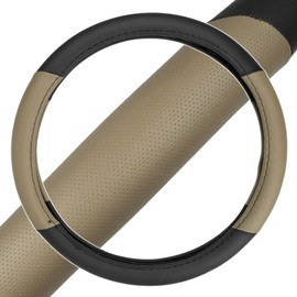 BDK Sporty Two Tone Ergonomic Grip Steering Wheel Cover - Plush Leather Grip for Standard Size Wheels 14.5-15 inch Beige/Black