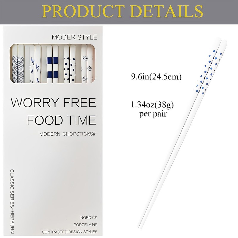 Chopsticks Reusable Dishwasher Safe 5PC Blue Porcelain Chopsticks Hepburn Style,High-grade