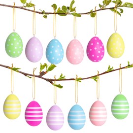 Kiiwah Pack of 12 Easter Eggs Decoration, Plastic Eggs, Easter, Colourful Easter Eggs Made of Plastic, Easter Eggs with Ribbon for Hanging, Outdoor, for Decoration, Easter Gift
