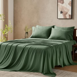 GOKOTTA Queen Size Bed Sheets 6 Piece Set, 100% Rayon Derived from Bamboo, Cooling for Hot Sleepers-Luxury Breathable Soft Sheets, Deep Pocket 16" Fitted Sheet with Elastic Corner Straps, Green