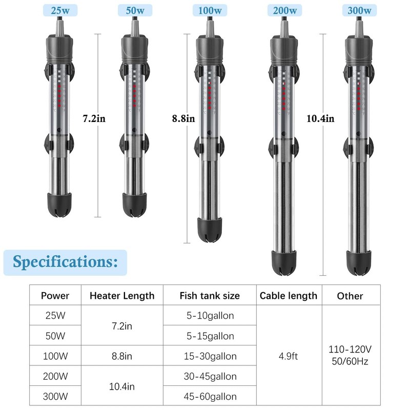 HITOP 25W 50W Adjustable Aquarium Heater, Submersible Fish Tank Heater