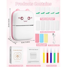 Zounin Mini Printer, Portable Photo Printer, Smartphone Bluetooth Printer with 13 Rolls of Paper and 5 Colours DIY Pen, Wireless Photo Printer, Thermal Printer for Daily Notes, Office Aid, Pink Cat