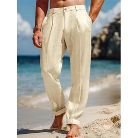 Runcati Mens Casual Pants Elastic Waist Lightweight Loose Fit Pleated Slacks Summer Beach Yoga Trousers Beige