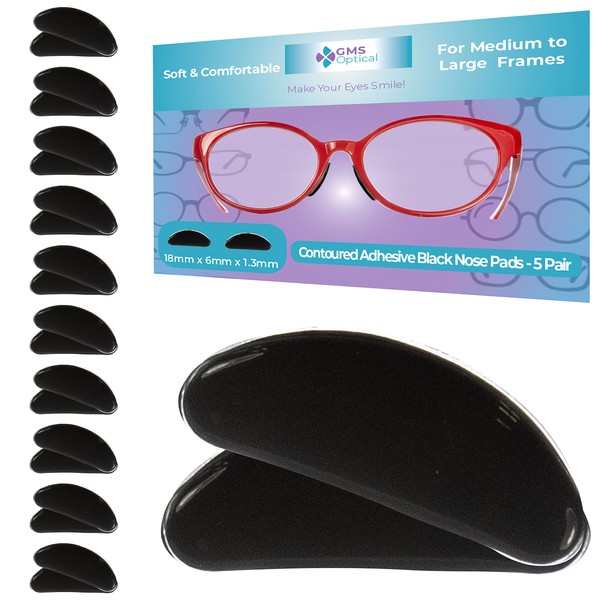 GMS Optical 1.3mm Ultra-Thin Anti-Slip Half Moon Adhesive Silicone Nose Pads for Glasses, Sunglasses, and Eye Wear | Super Sticky Backing | 10 Pair (Black)
