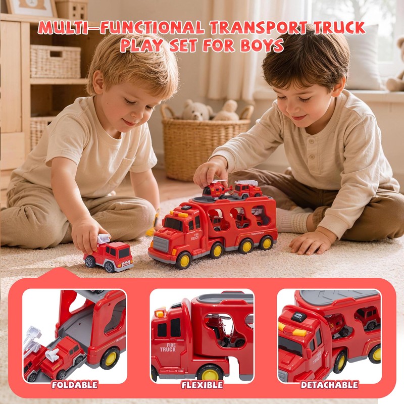 5 in 1 Construction Truck Toys for Toddlers 3-5, Carrier