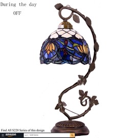 WERFACTORY Tiffany Table Lamp Blue Stained Glass Lotus Style Desk Reading Light with Metal Leaf Base 8X10X21 Inches Decor Small Space Bedroom Home Office S220 Series