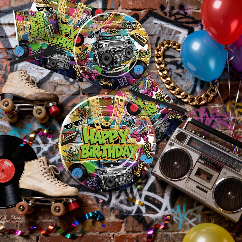 FVABO Graffiti Brick Wall Birthday Party Supplies for Retro 80s