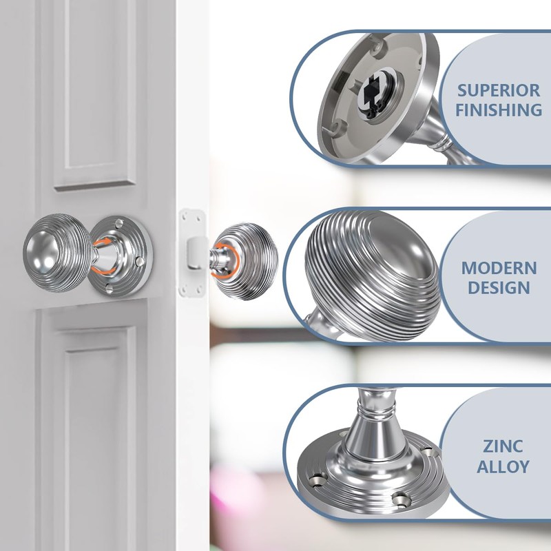 Bwintech 1 Set Beehive Mortice Door Knobs,Chrome Finishing Pull Door