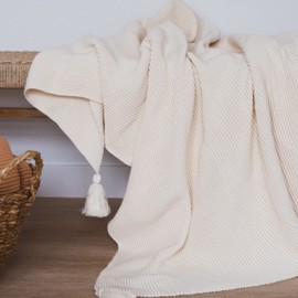 Lumi Living 100% Soft Cotton Textured Raised Stripes Rib Knit Throw Blanket with Tassels (Cream)