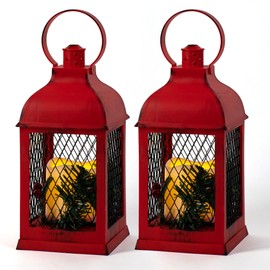 Yongmao Decorative Lantern LED Candle with Timer Vintage Christmas Red Look Distressed Pine Holly Berry Barbed Wire Hanging Lantern for Indoor Outdoor Home Christmas Décor