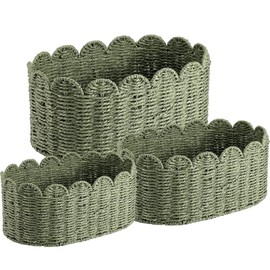 Newtay Scalloped Baskets Set of 3 for Organizing Sage Green Paper Rope Storage Baskets Shelves Handwoven Decorative Woven Bins for Shelves Closet Bathroom Living Room Nursery Bedroom
